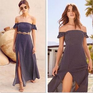 Lulus Navy Polka Dot Off Shoulder Maxi Dress Slit Romantic Summer XS